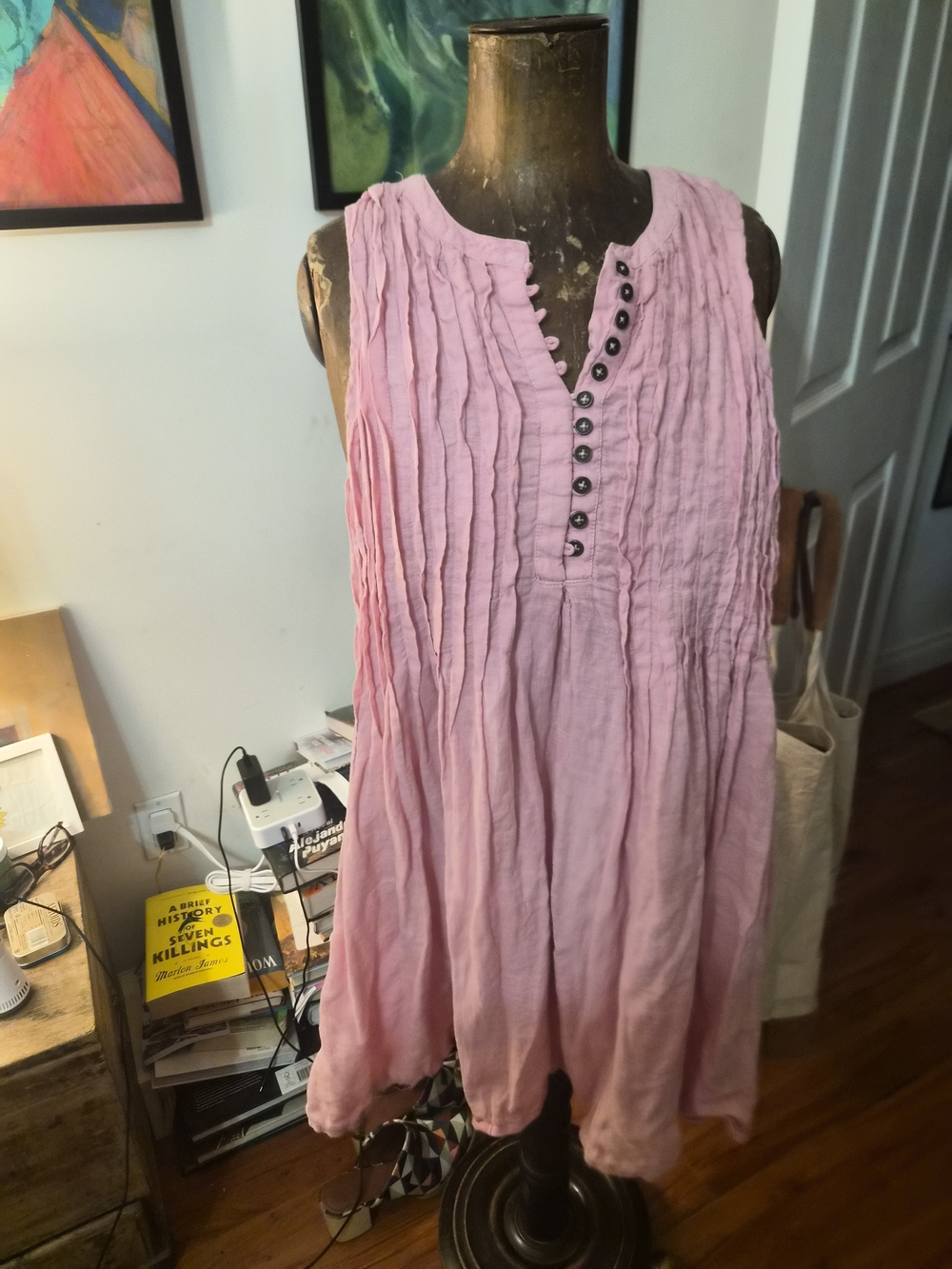 Anthropologie Pink Sleeveless Crinkled Tunic with Button Placket